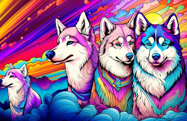 three dogs are standing in the clouds with a rainbow background generative ai