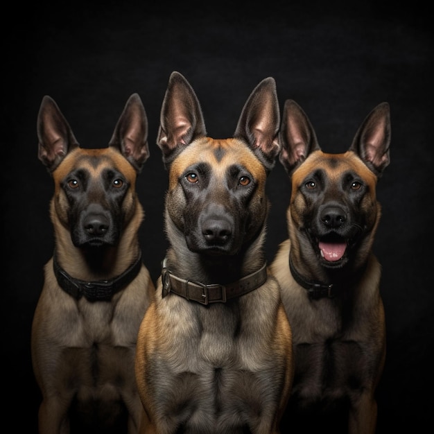 Three dogs are standing in front of a dark background.