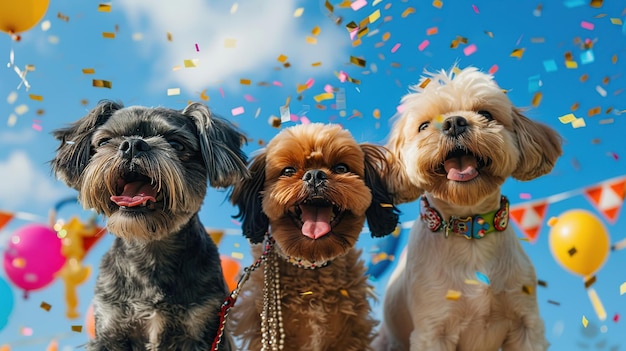 Photo three dogs celebrating with confetti