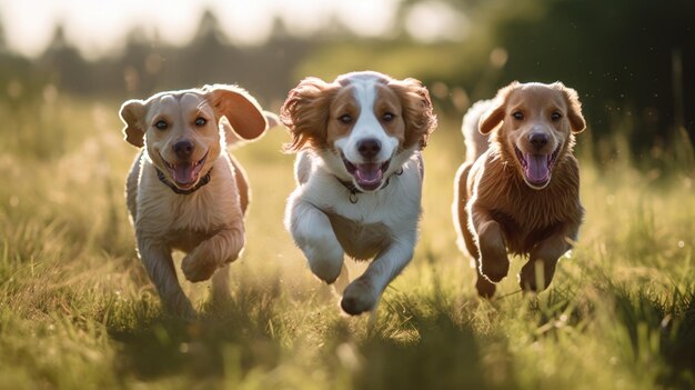 Three dogs playing in the grass