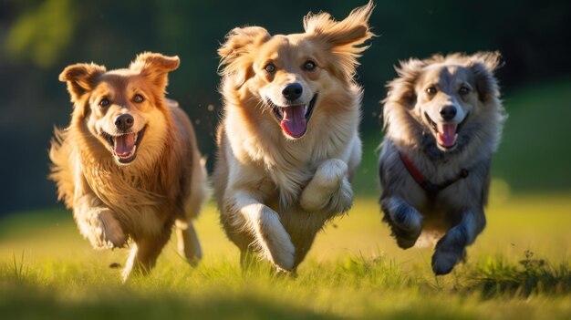 Three dogs playing in the grass