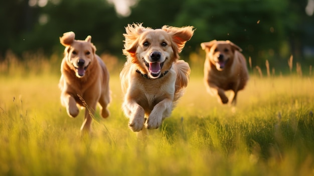 Three dogs playing in the grass