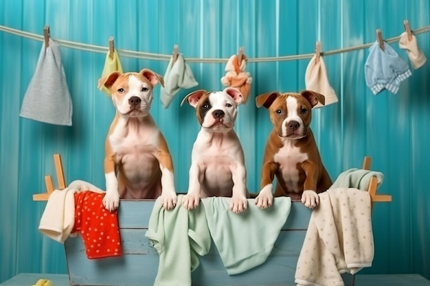 three dogs sitting in a bathtub with towels hanging from the line