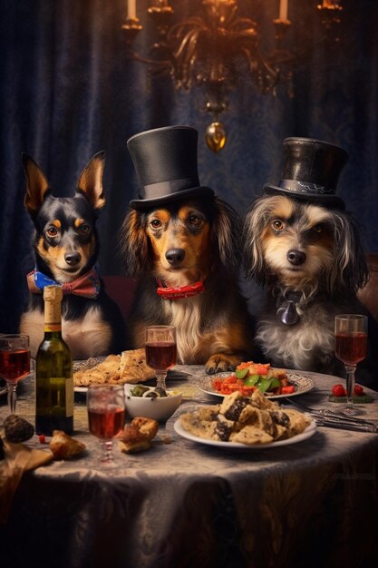 Three dogs sitting at a table with food and wine generative ai