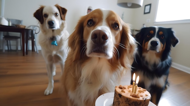 Three dogs stand around a birthday cake