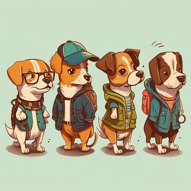 three dogs wearing jackets and hats standing next to each other generative ai