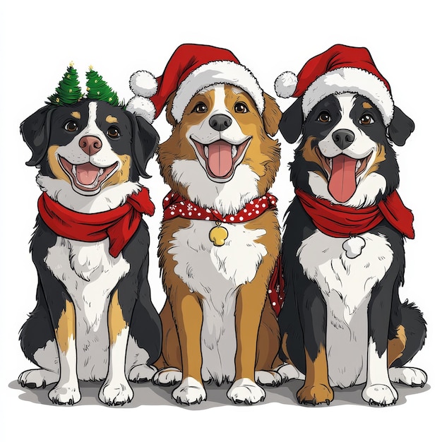 three dogs wearing santa hats one of which has a santa hat on it