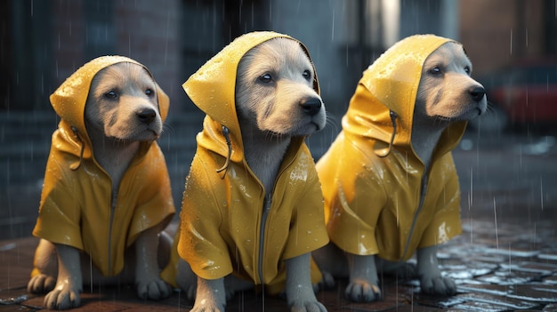 Three dogs in yellow raincoats stand in the rain.