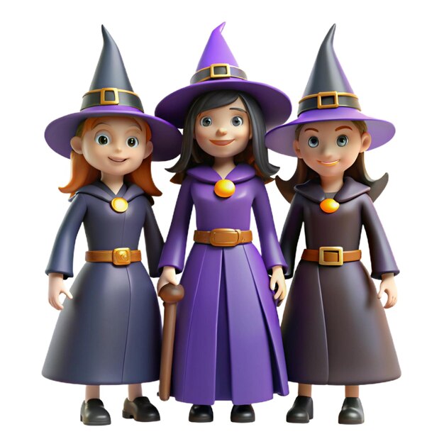 Photo three dolls of witch and witch are standing together