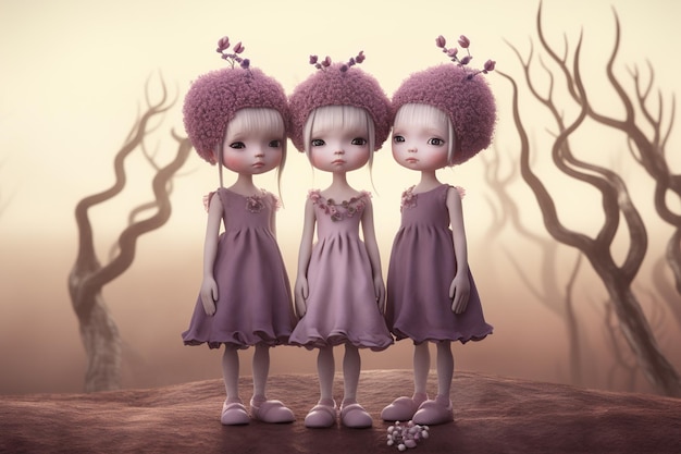 Three dolls with pink dresses on a cliff