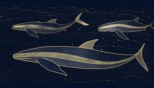 Photo three dolphin fish gracefully swimming in the moonlit ocean illustration