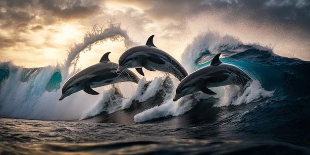 Three dolphins jumping out of the water in front a wave generative ai