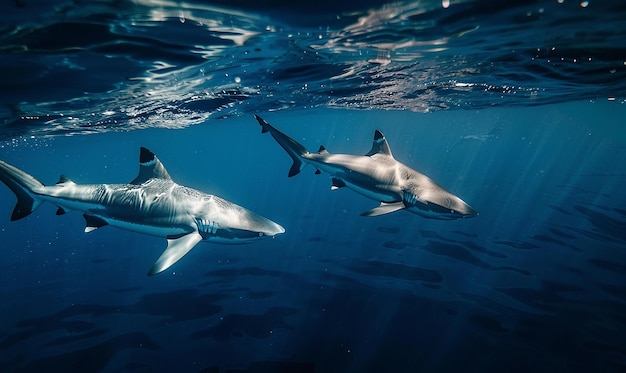 three dolphins swimming under a blue water with the words shark and shark