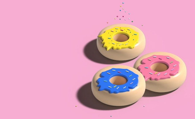 Three donuts with icing and colorful sugar sprinkles on a pink background