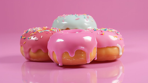 Three donuts with pink frosting and sprinkles on them sit on a pink surface.