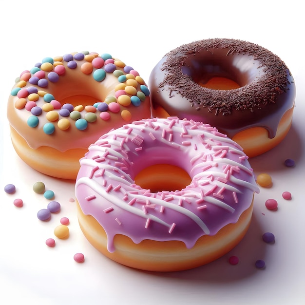 three donuts with pink icing and purple sprinkles on them