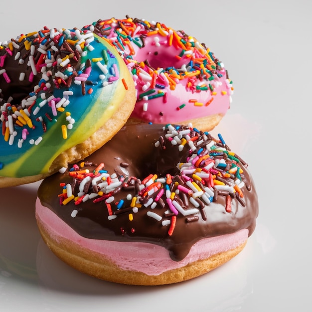 three donuts with rainbow sprinkles and one has rainbow sprinkles