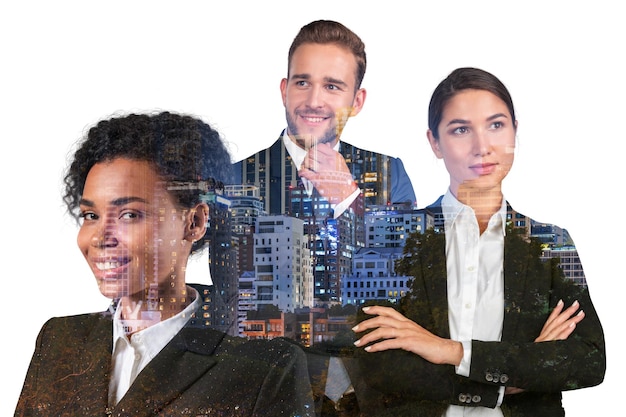 Three dreaming positive business people consultants in suits crossed arms pose Asia corporate lifestyle multinational diverse young professionals Night Bangkok city view Double exposure