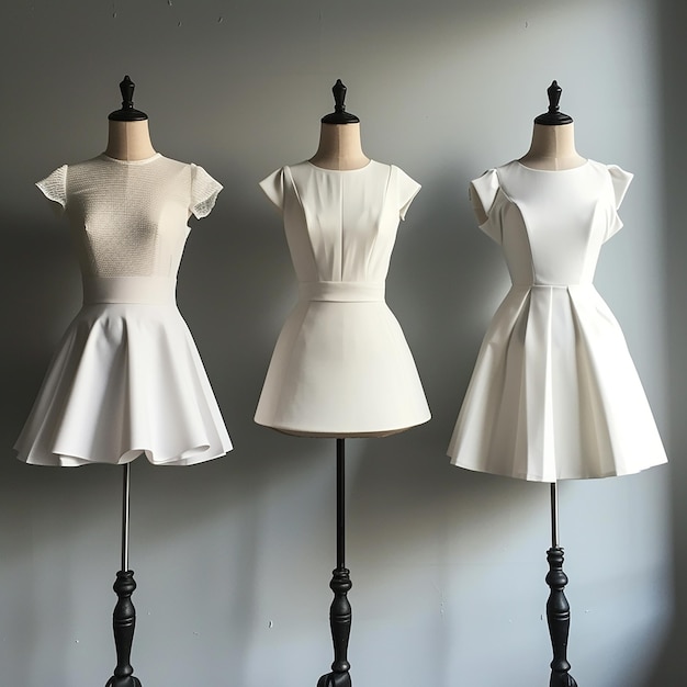 three dresses are displayed on a mannequin