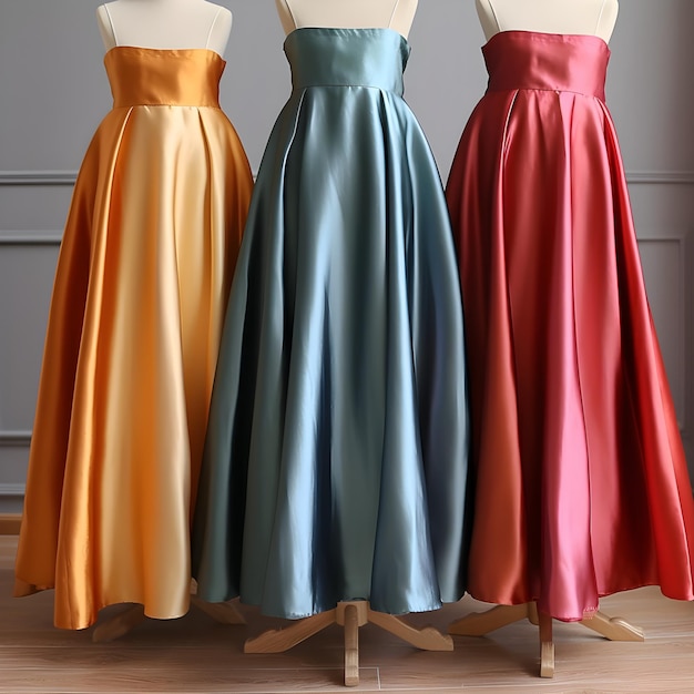 Three dresses on a mannequin are shown with different colors of the dress.