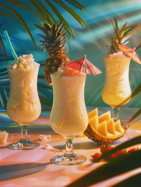 Three drinks with umbrellas on top and a piece of fruit on the table