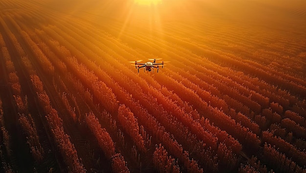 Photo three drones flying over a field of crops a black and grey drone hovers over a green crop field with red dirt the aerial photo captures the drone in an agricultural area under a sunny sky