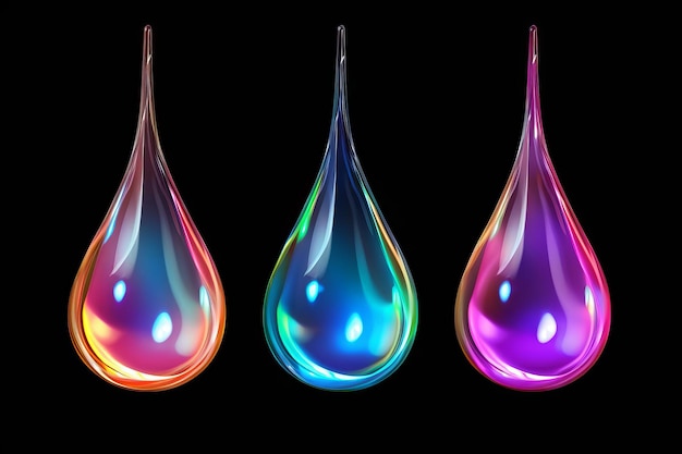 three drops of water that are colored with different colors