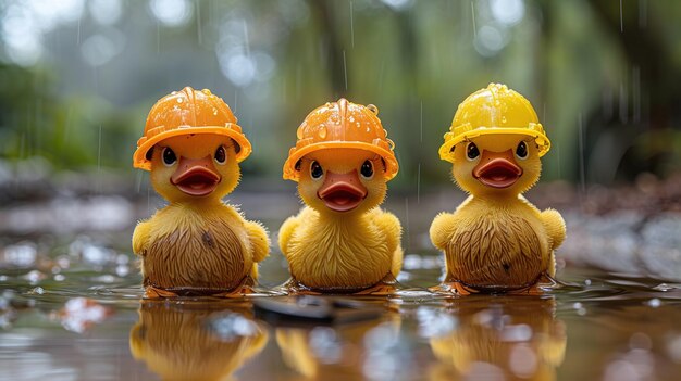 Photo three ducklings in hard hats standing in a puddle