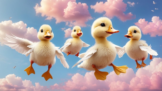 three ducks are flying in the sky and one has a tag in his ear