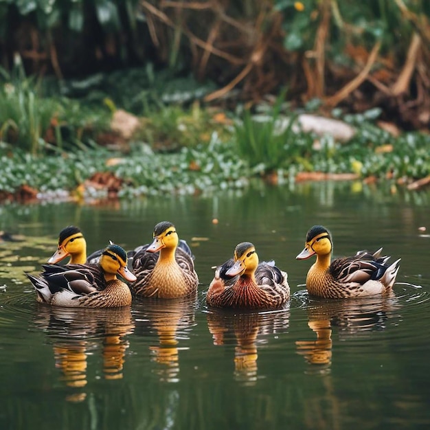 three ducks are swimming in a pond one of which has a duck on the back