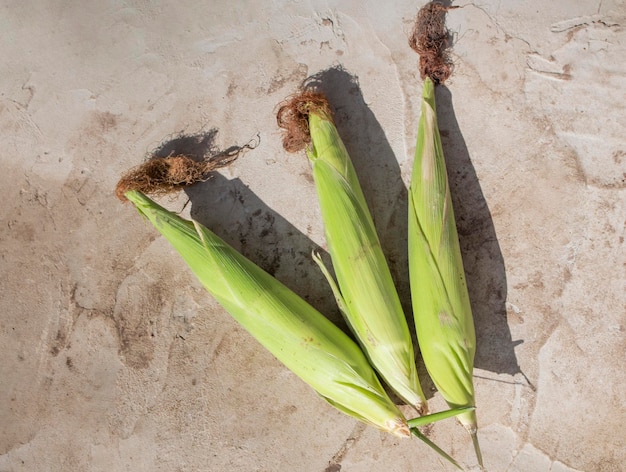 Three ears of corn on a concrete background