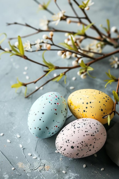 three easter eggs sitting next to a branch of a tree