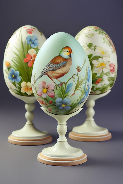 Three easter eggs with a pattern of flowers and birds