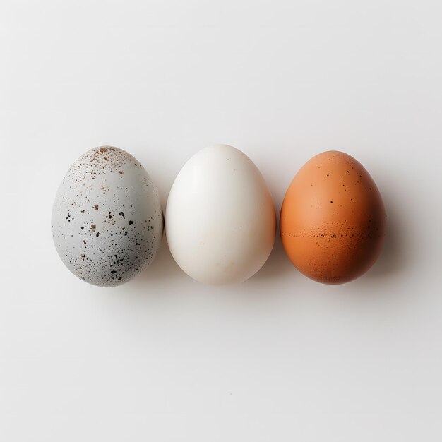 Photo three eggs are arranged on a plain white background