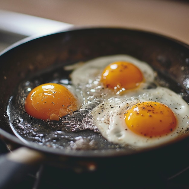 Photo three eggs are fried in a pan on a stove