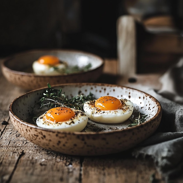 three eggs are on a wooden table one of which has herbs on it