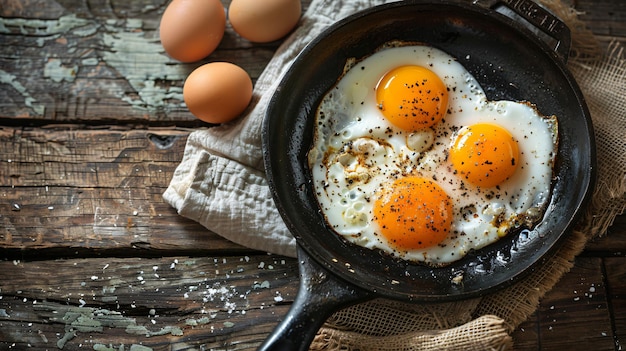 Photo three eggs sizzling in frying pan on rustic wooden table