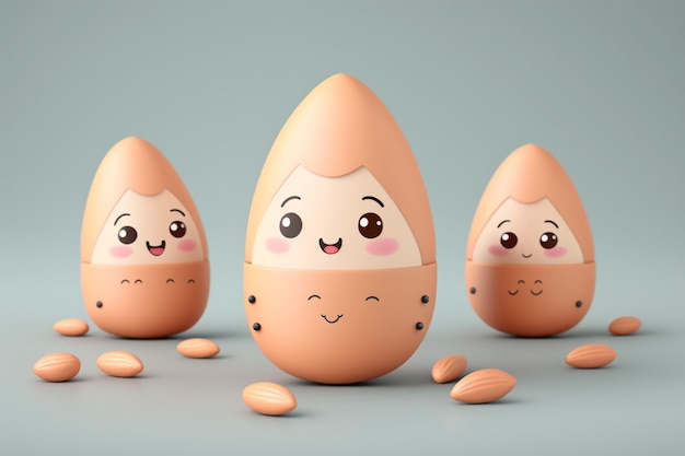 Three eggs with faces are on a gray background.