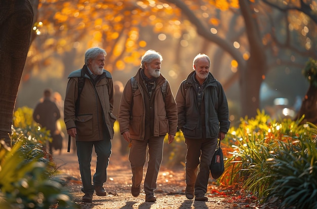 Three elderly friends enjoying a walk in a park with autumn leaves