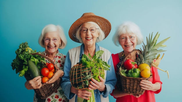 Photo three elderly women holding baskets of fresh vegetables and fruits smiling against a light blue back