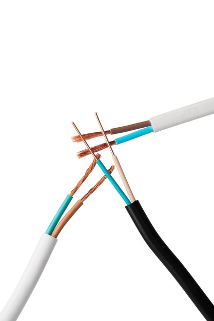 Photo three electrical wires with exposed copper ends