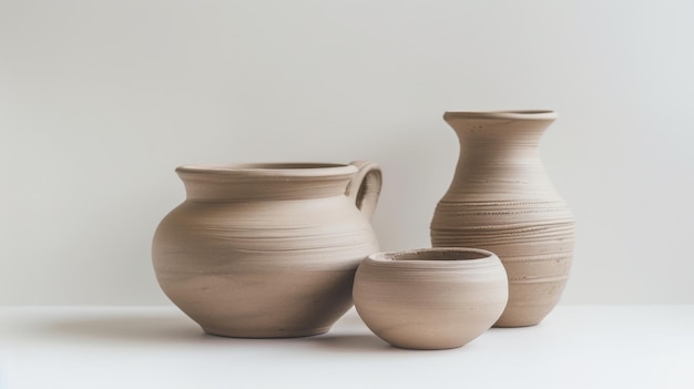 Three elegant clay pots of varying shapes and sizes displayed against a minimalist white backdrop highlighting their intricate texture and artisanal beauty