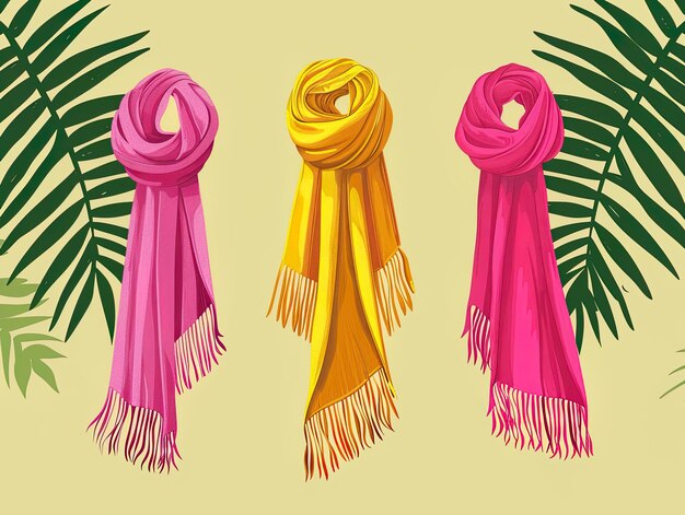 Three elegant scarves in shades of pink blue and orange displayed on a light blue background