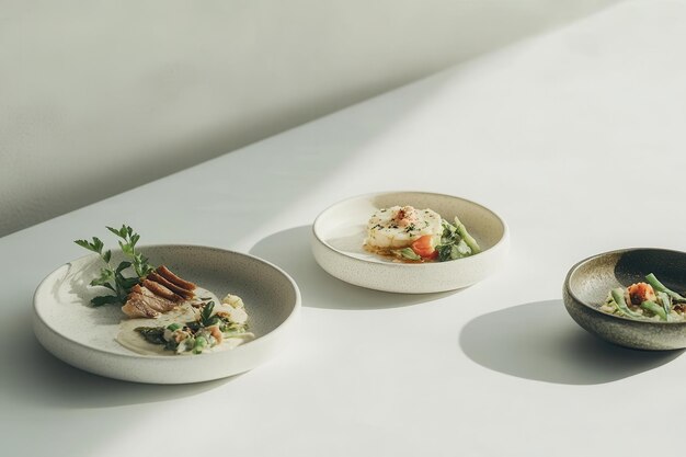 Photo three elegantly plated dishes showcasing gourmet food in minimalist bowls