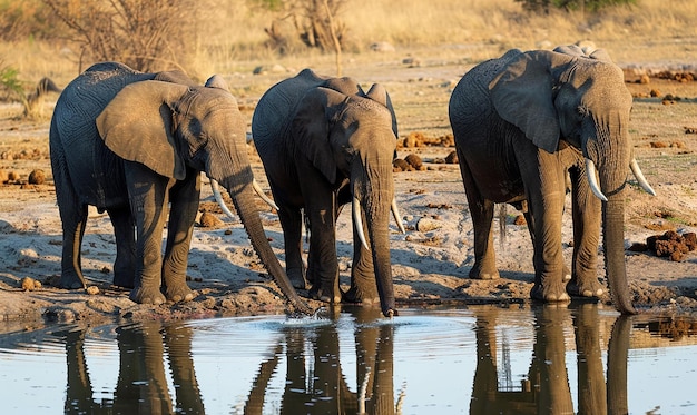 three elephants are drinking from a pond with their trunks reflected in the water