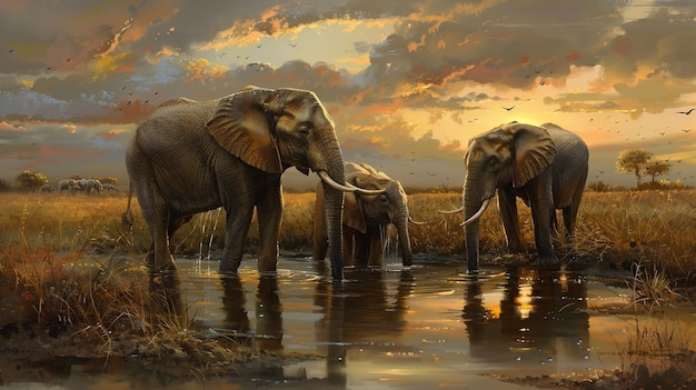 three elephants are drinking water in a water painting