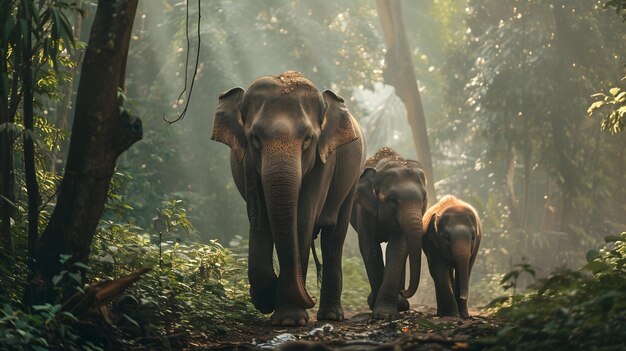 Photo three elephants are walking in the forest with the sun shining through the trees