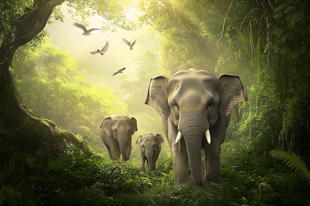 Photo three elephants are walking in the jungle with birds flying in the background