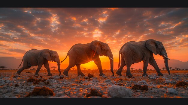 Photo three elephants are walking in the wild with the sunset behind them