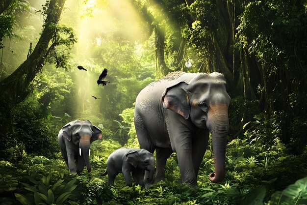 Photo three elephants in the jungle with sun rays